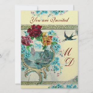 ROMANTİCA 3 ELEGANT GOLD BLUE WEDDING MONOGRAM KAART