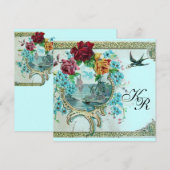 ROMANTİCA 3 MONOGRAM Roze Blauw Trouwen Aankondiging (Voorkant / Achterkant)