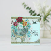ROMANTİCA 3 MONOGRAM Roze Blauw Trouwen Aankondiging (Staand voorkant)