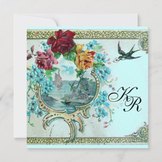 ROMANTİCA 3 MONOGRAM Roze Blauw Trouwen Aankondiging (Voorkant)