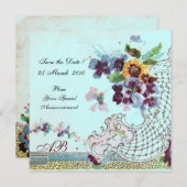 ROMANTICA Bloem Roze Turquoise Blauwe Trouw Monogr Save The Date (Voorkant / Achterkant)
