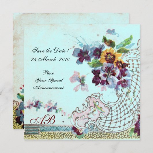 ROMANTICA Bloem Roze Turquoise Blauwe Trouw Monogr Save The Date (Voorkant / Achterkant)