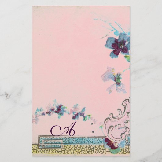 ROMANTİCA Blue Pink Wedding Floral Monogram Briefpapier (Voorkant)