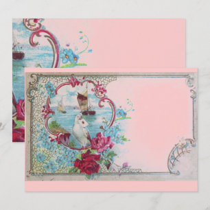 ROMANTICA Elegante Bloemrijke Blauwe Roze Bruiloft Kaart