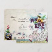 ROMANTICA Floral Blue Pink White WeduwMonogram Kaart (Voorkant / Achterkant)