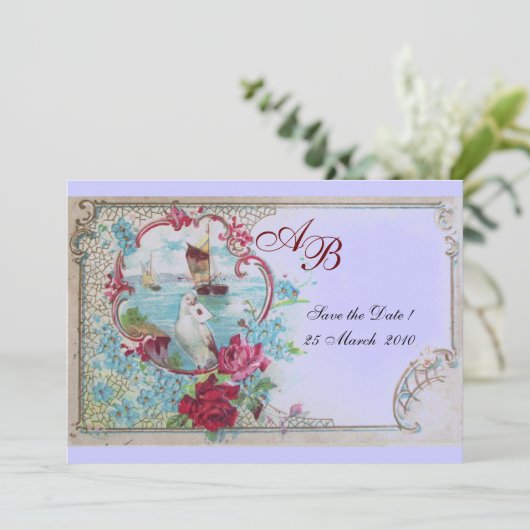 ROMANTICA  MONOGRAM Bloem Roze Blauw Bruiloft Fees Save The Date (Staand voorkant)