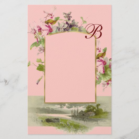 ROMANTİCA MONOGRAM/CYCLAMENS, roze groen Briefpapier (Voorkant)
