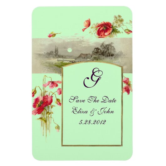 ROMANTİCA MONOGRAM/POPPIES, sparen de Datum, Groen Magneet (Verticaal)