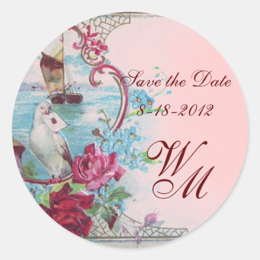 ROMANTICA MONOGRAM, sparen de Datum, roze Ronde Sticker (Voorkant)