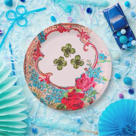 ROMANTICA ,ST.PATRICK'S SHAMROCKS EN ROZEN Bloemst Papieren Bordje (Feest)