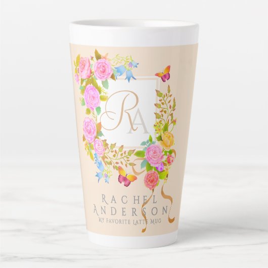 Romantiek Bloeiende Tuin Monogram Beige Latte Mok (Voorkant)