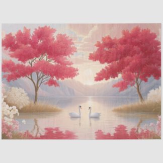 Romantiek Zwanenmeer Roze Bloesembomen Decoupage  Tissuepapier