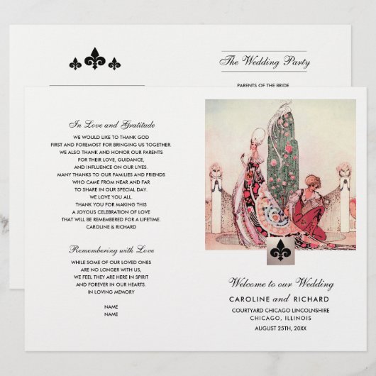 Romantique Art Vintage Programme de mariage plié (Devant / Derrière)