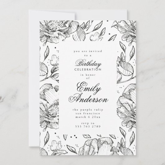 Romantique Black Floral Élégant Invitation Anniver (Devant)