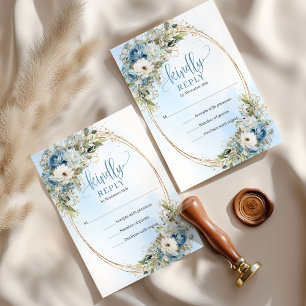Romantique Bleu et Blanc Floraux Or Mariage RSVP