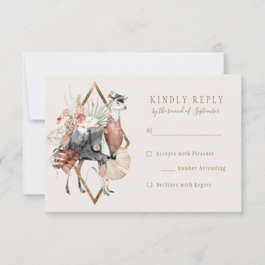 Romantique Bohème Llama Wedding RSVP Réponse (Devant)