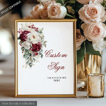 Romantique Boho Bourgogne or Mariage Poster person<br><div class="desc">✅ Pour les objets correspondants chercher 208W dans mes collections ✅ Bienvenue à vos invités avec style et élégance en utilisant ce signe personnalisé mariage boho, avec des roses aquarelles bordeaux et blanches accentuées de feuilles dorés chatoyants. Conçu dans une riche palette de bordeaux, marsala, marron, rouge foncé, rouge foncé,...</div>