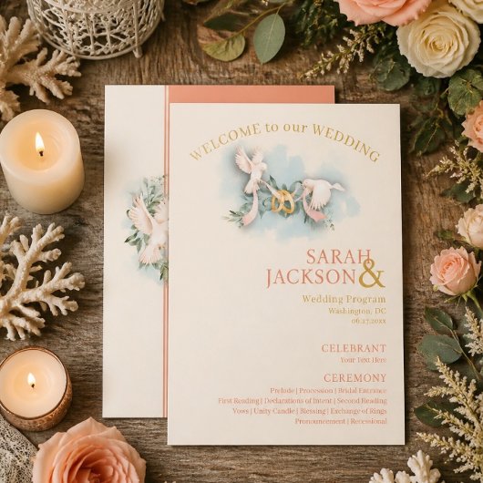 Romantique Doves Coral Wedding Programme