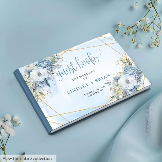 Romantique Dusty Bleu Blanc Fleurs d'or Livre d'or