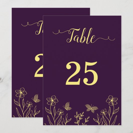 Romantique élégant or fleur violet numéro de table (Devant / Derrière)