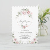 Romantique fille Baptême Floral rose Invitation (Debout devant)