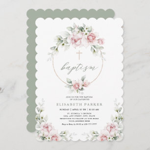 Romantique fille Baptême Floral rose Invitation