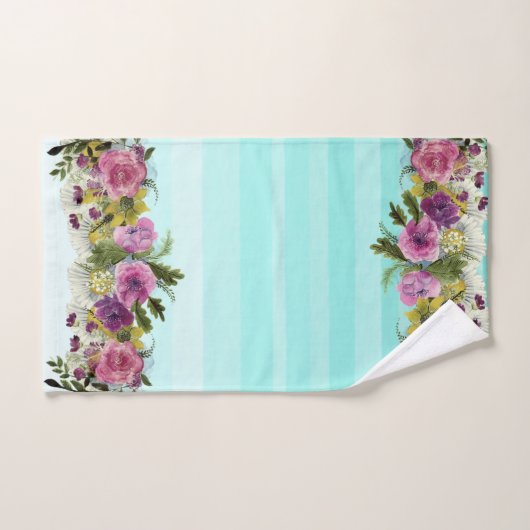 Romantique, Fleurs aquarelles, Rayé (Serviette à main)