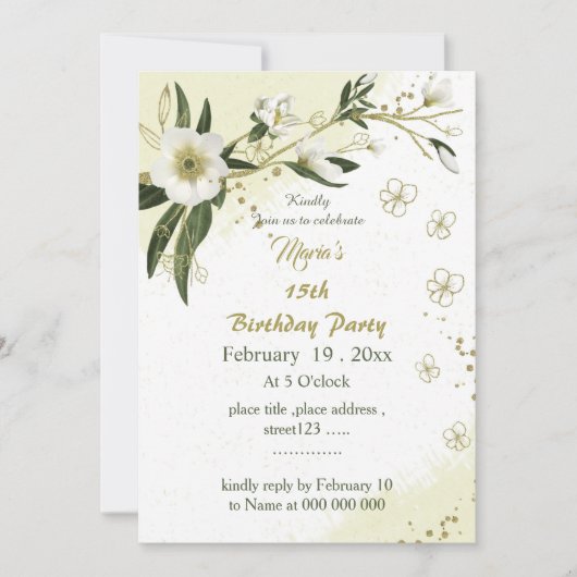 romantique fleurs blanches et or invitation annive (Devant)