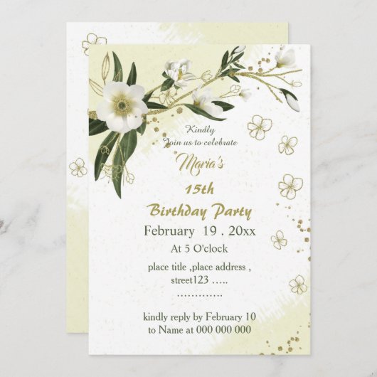 romantique fleurs blanches et or invitation annive (Devant / Derrière)