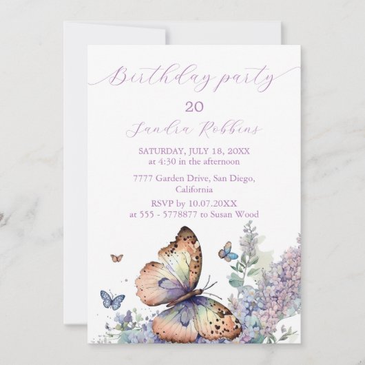 Romantique lilas et papillon Invitation Anniversai (Devant)