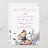 Romantique lilas et papillon Invitation Anniversai (Devant / Derrière)