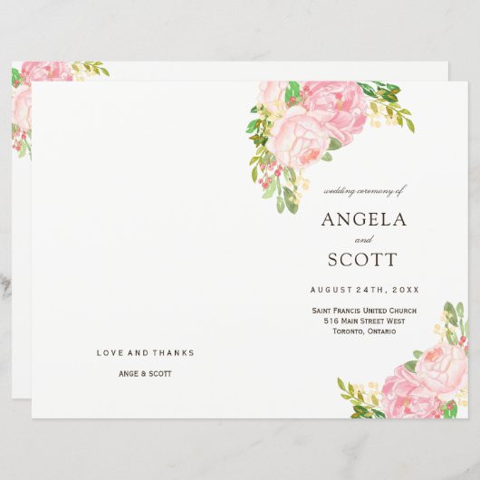 Romantique Peonies roses Programmes de mariage (Devant / Derrière)