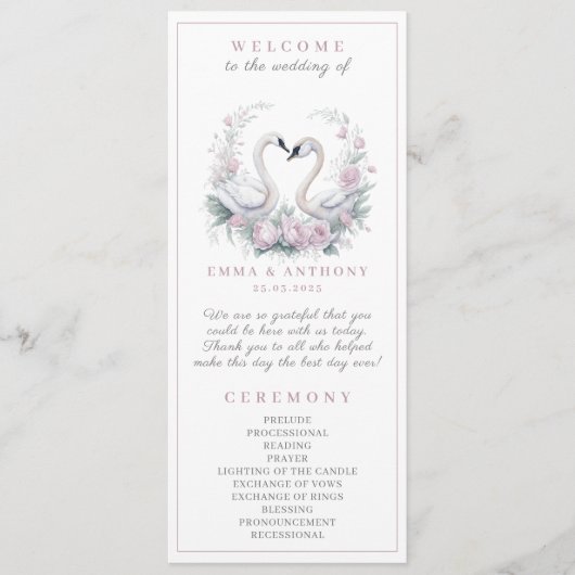 Romantique Rose Swan Couple Wedding Programme (Devant)