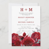 Romantique Roses Rouges Monogramme Faire-part de m (Devant)
