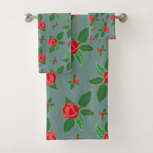 Romantique Roses Rouges Motif Floral Vert Feuille  (En situation)