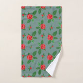 Romantique Roses Rouges Motif Floral Vert Feuille  (Serviette à main)