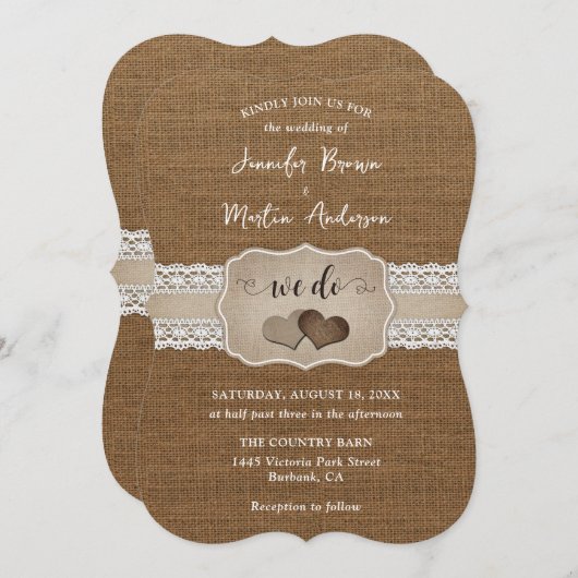 Romantique Rustique Burlap et dentelle Faire-part  (Devant / Derrière)