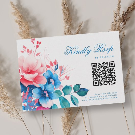 Romantique Vibrant Bleu Floral Mariage RSVP QR