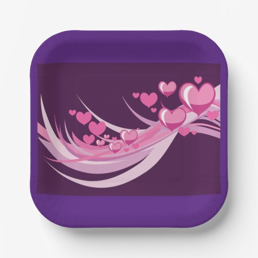 Romantisch Abstract roze harten ontwerp op Paarse Papieren Bordje (Voorkant)