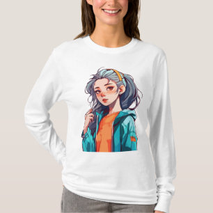 Romantisch Anime Meisje met Kleurrijk Licht Haar T-shirt