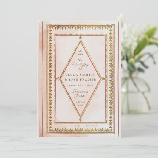 Romantisch Antiek boek Blush bruiloft uitnodiging (Staand voorkant)