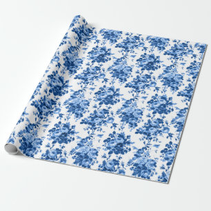 Romantisch Antiek  Roos-Blauw op Wit Cadeaupapier