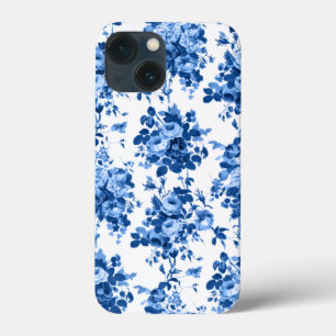 Romantisch Antiek Roos-Blauw op Wit iPhone 13 Mini Hoesje