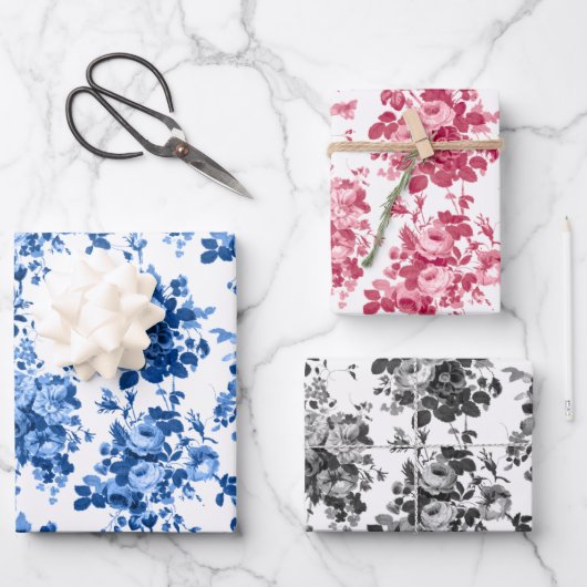Romantisch Antiek  Roos-blauw, roze en grijs Inpakpapier Vel (Voorkant)