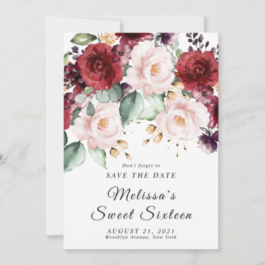 Romantisch aquarel burgundy save the date kaart (Voorkant)