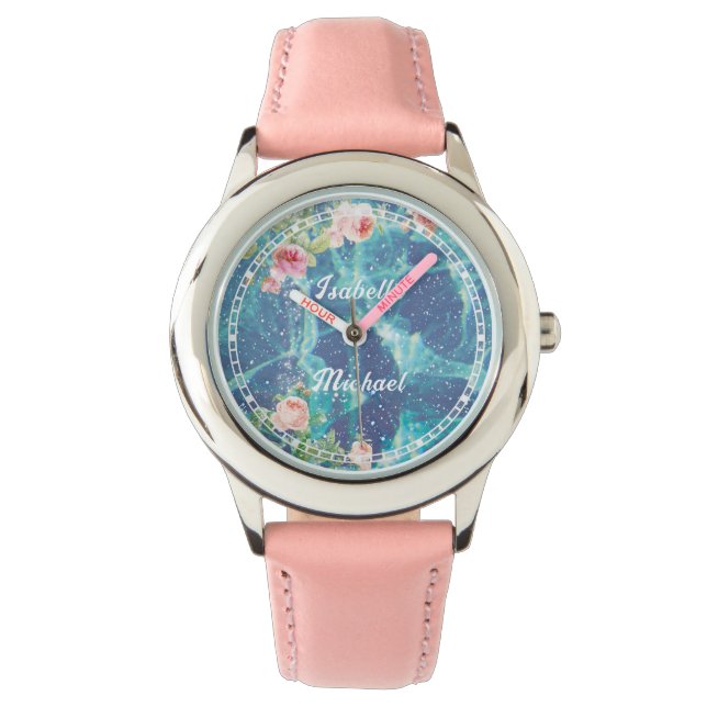 Romantisch blauw aangepast paar namen horloge (Voorkant)