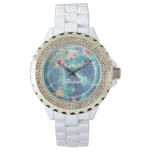 Romantisch blauw aangepast paar namen Sticker Horloge