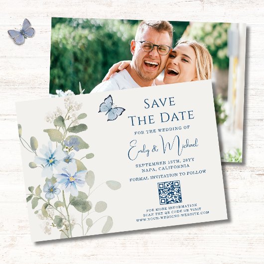 Romantisch Blauw Bloemen Foto QR Code Huwelijk Save The Date