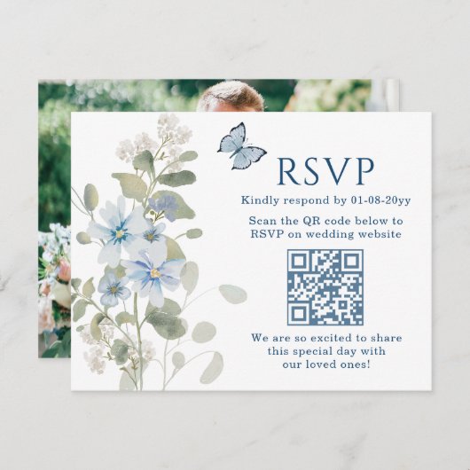 Romantisch Blauw Bloemen RSVP QR Code Foto Huwelij (Voorkant / Achterkant)