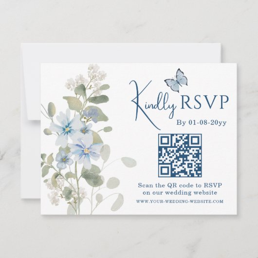 Romantisch Blauw Bloemen RSVP QR Code Foto Huwelij (Voorkant)